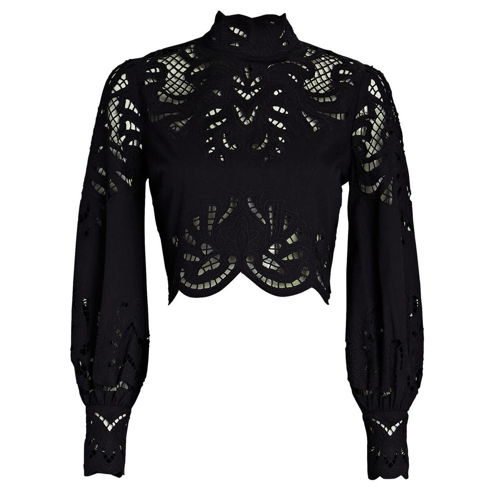 INTERMIX Black Cropped Eyelet Lace High Neck Blouse